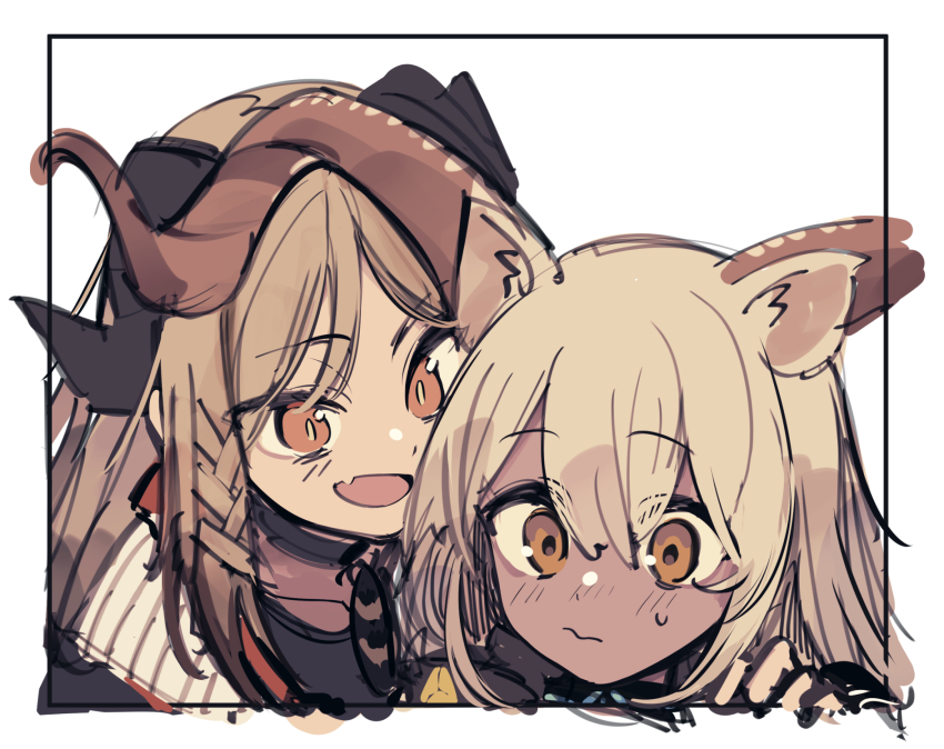2girls :d animal_ear_fluff animal_ears arknights beeswax_(arknights) brown_eyes brown_hair character_request check_character closed_mouth dark-skinned_female dark_skin fang hair_between_eyes highres horns ifrit_(arknights) multiple_girls open_mouth simple_background small_sweatdrop smile sweat tetuw upper_body wavy_mouth white_background