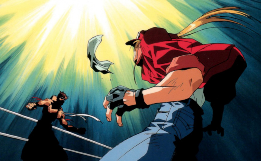 1990s_(style) blonde_hair denim dynamic_pose fatal_fury fighting fighting_stance high_contrast jacket jeans jewelry joe_higashi martial_arts oobari_masami pants perspective retro_artstyle ring terry_bogard the_king_of_fighters