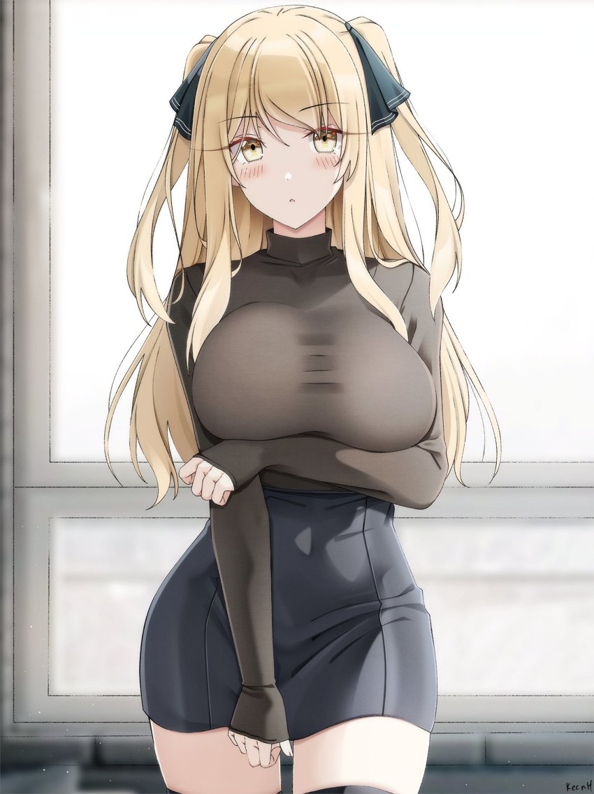 1girl ao_no_kanata_no_four_rhythm arm_support artist_name black_ribbon black_skirt blonde_hair blush boots breasts brown_eyes brown_shirt commission hair_ornament hair_ribbon highres indoors keenh large_breasts leather leather_boots leather_skirt long_hair long_sleeves looking_at_viewer miniskirt ribbon satouin_reiko shirt skirt solo standing thigh_boots thighhighs two_side_up window zettai_ryouiki