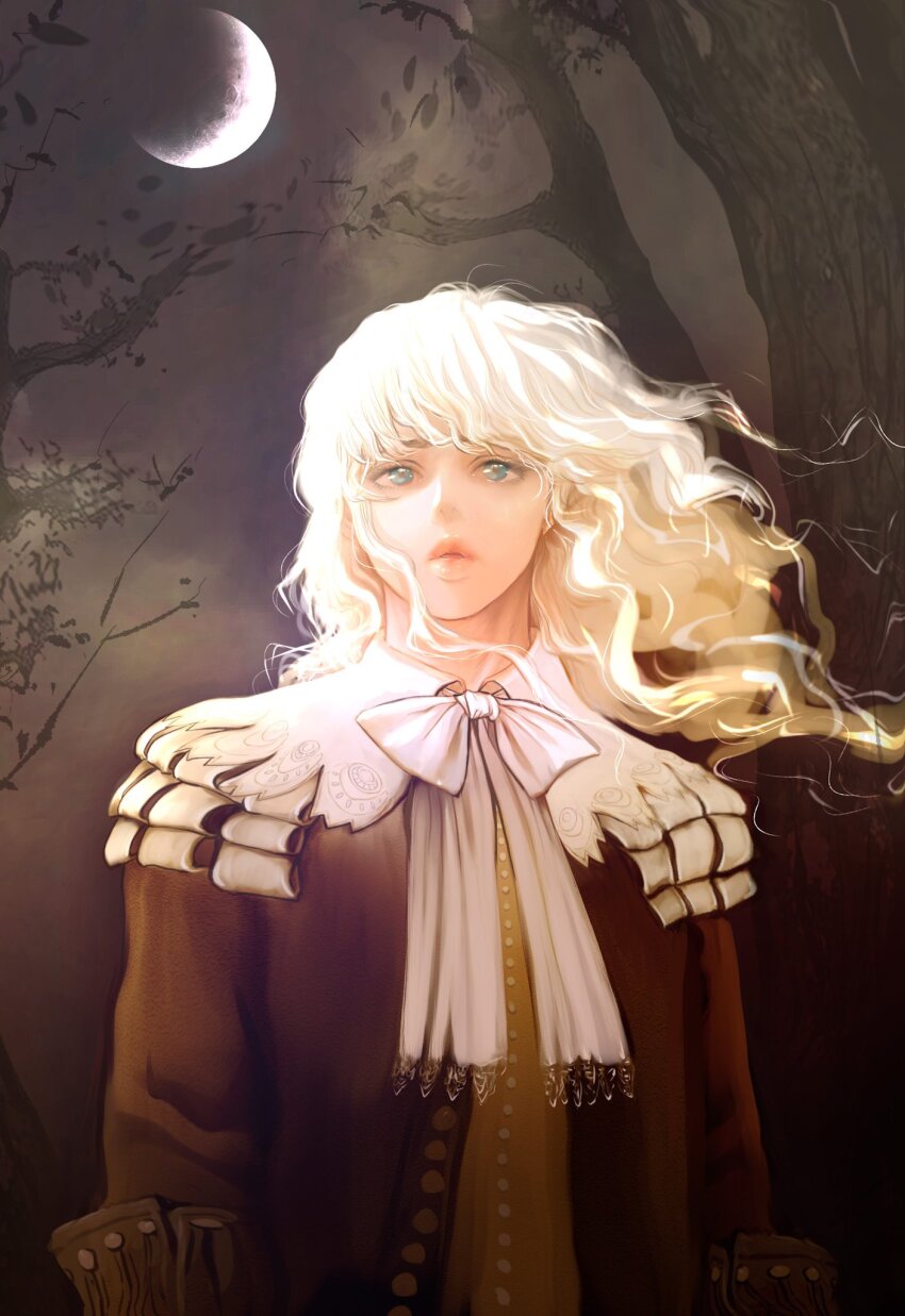 1boy berserk black_coat blue_eyes coat commentary crescent_moon griffith_(berserk) highres lips long_hair male_focus moon night night_sky nisino2222 sky solo thick_lips tree upper_body wavy_hair white_hair