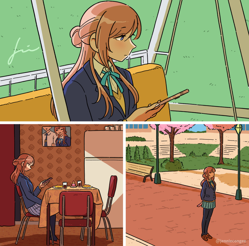 1boy 1girl black_pantyhose blazer blue_jacket blue_skirt brown_hair candle cellphone commentary fingernails food gakuen_idolmaster grass hatsuboshi_gakuen_school_uniform highres himesaki_rinami holding holding_phone idolmaster jacket jennie_congee looking_ahead looking_at_phone meme omelet omurice pablo_escobar_waiting_(meme) pantyhose phone photo-referenced photo_(object) pleated_skirt producer_(idolmaster) refrigerator school_uniform shirt signature skirt sweater t_t twitter_username white_shirt yellow_sweater