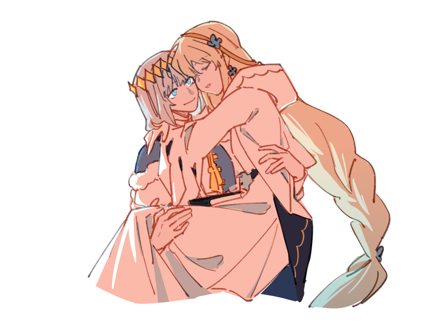 1boy 1girl aesc_(fate) aesc_(rain_witch)_(fate) artist_request blonde_hair blue_eyes carrying closed_eyes commission earrings fate/grand_order fate_(series) hair_between_eyes highres jewelry long_hair oberon_(fate) oberon_(first_ascension)_(fate) second-party_source short_hair simple_background very_long_hair