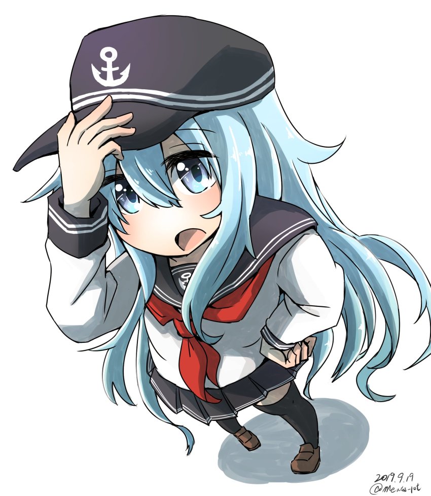 1girl anchor_symbol aoba_(akibajun) black_sailor_collar black_thighhighs blue_eyes brown_shoes commentary_request dated female_focus flat_cap foreshortening full_body hat hibiki_(kancolle) highres horosho kantai_collection loafers long_hair looking_at_viewer neckerchief open_mouth perspective pleated_skirt red_neckerchief sailor_collar school_uniform serafuku shadow shoes silver_hair simple_background skirt solo standing thighhighs twitter_username white_background