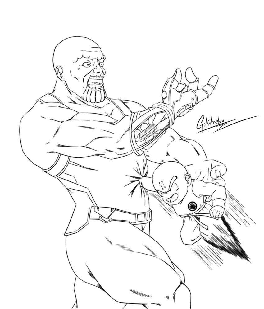 2boys avengers:_endgame avengers:_infinity_war avengers_(series) bald bald_male black_hair crossover death dragon_ball height_difference highres infinity_gauntlet kill kuririn marvel marvel_cinematic_universe multiple_boys muscular muscular_male punching smug surprised thanos