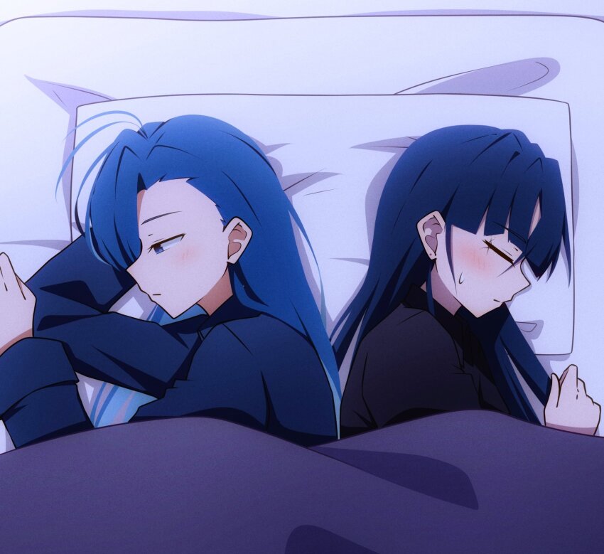 2girls ado_(utaite) black_shirt blue_eyes blue_shirt blush chinese_commentary closed_eyes commentary_request highres long_hair long_sleeves lying merry_(ado) multiple_girls naima_(ado) nori_(norinori_yrl) on_bed piercing_hole pillow readymade_(ado) shirt sweatdrop under_covers usseewa