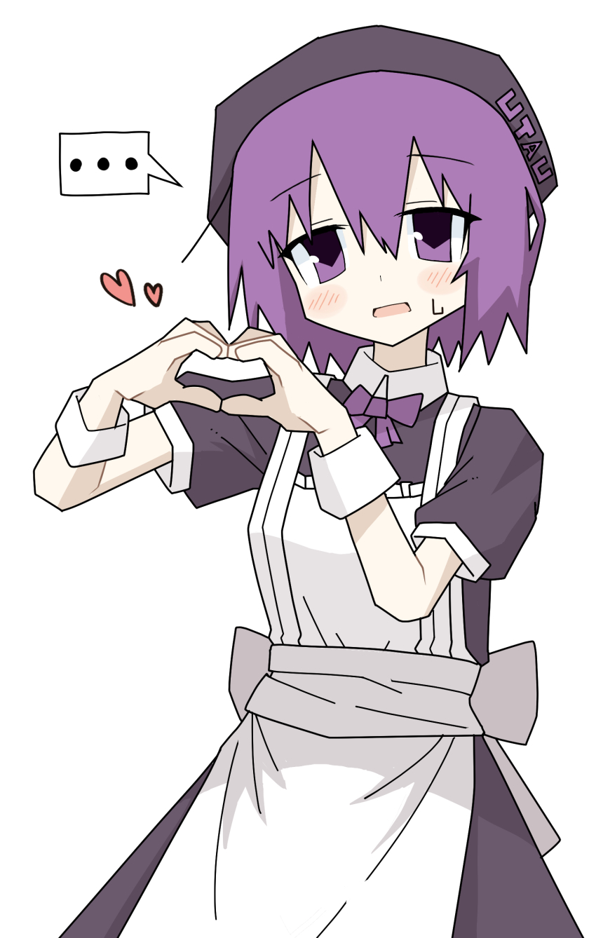 ... 1girl absurdres alternate_costume apron beret black_dress black_hat blush blush_stickers bow bowtie breasts collared_dress commentary_request cowboy_shot d: dress enmaided hair_between_eyes hat head_tilt heart heart_hands highres looking_at_viewer maid maid_apron migamo open_mouth purple_bow purple_bowtie purple_eyes purple_hair sash short_hair short_sleeves simple_background small_breasts solo spoken_ellipsis standing sweatdrop utane_uta utau waist_sash white_apron white_background wrist_cuffs