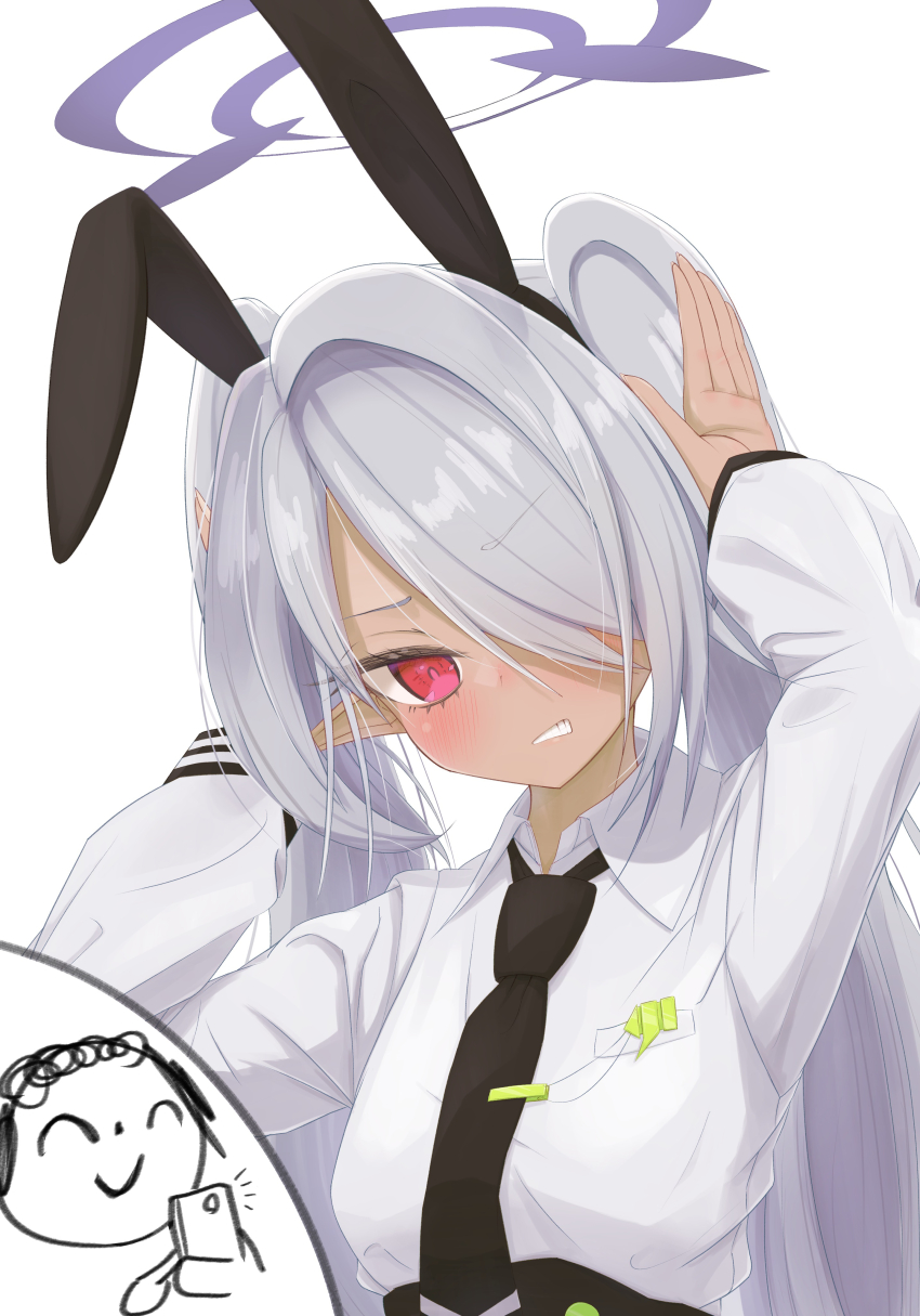 1girl absurdres animal_ears annoyed arms_up black_necktie blue_archive blush clenched_teeth collared_shirt commentary doodle_inset doodle_sensei_(blue_archive) eyelashes fake_animal_ears grey_hair hair_over_one_eye halo highres iori_(blue_archive) kimagurain long_bangs long_hair long_sleeves looking_at_viewer necktie one_eye_covered purple_halo rabbit_ears rabbit_pose red_eyes school_uniform sensei_(blue_archive) shirt simple_background solo story_in_commentary taking_picture teeth tsurime twintails upper_body v-shaped_eyebrows very_long_hair white_background white_shirt
