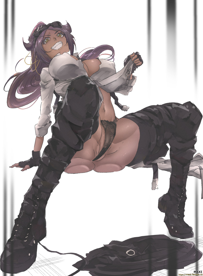 1girl arm_support ass ass_press biker biker_girl bleach bleach:_sennen_kessen-hen boots bottomless breasts cleavage clothes_lift clothes_on_floor curvy dark-skinned_female dark_skin female_focus fingerless_gloves full_body g-string gloves goggles goggles_on_head grin highres huge_ass jacket large_breasts lifting_own_clothes long_boots long_hair looking_at_viewer maxi muscular muscular_female naughty_face naughty_smile no_bra panties ponytail presenting presenting_pussy purple_hair pussy revealing_clothes see-through_clothes see-through_panties shihouin_yoruichi shirt shirt_lift sitting skirt sleeves_rolled_up smile solo solo_focus source_request straps sunglasses sunglasses_on_head teasing thick_thighs thighs thong toned toned_female underwear undressing unworn_clothes unworn_jacket unworn_skirt very_long_hair watermark yellow_eyes