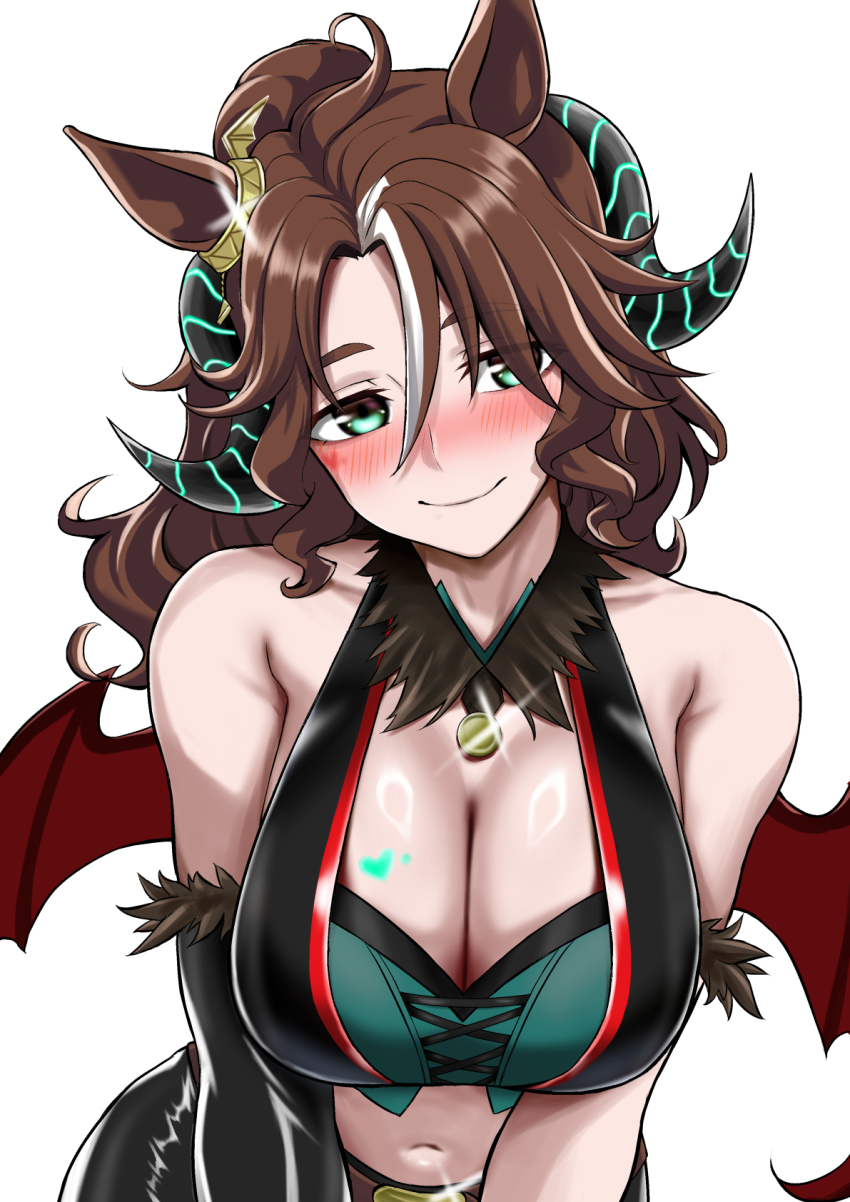 1girl animal_ears asymmetrical_bangs bare_shoulders black_gloves black_shirt breasts brown_hair cleavage cleavage_cutout clothing_cutout commentary_request crop_top elbow_gloves fingerless_gloves gloves green_eyes hakase_yurisuki hand_up highres horns horse_ears horse_girl long_hair looking_at_viewer mejiro_palmer_(devil_in_the_moonlight)_(umamusume) mejiro_palmer_(umamusume) midriff multicolored_nails navel official_alternate_costume ponytail shirt sleeveless sleeveless_shirt smile solo teeth umamusume upper_body