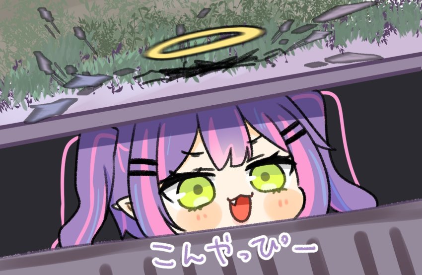 1girl :3 chibi fang grate green_eyes hair_ornament hairclip halo hololive it_(stephen_king) long_hair open_mouth parody pennywise_in_the_sewer_(meme) pointy_ears purple_hair sewer sewer_grate smile solo storm_drain tokoyami_towa twintails virtual_youtuber yasashi_v