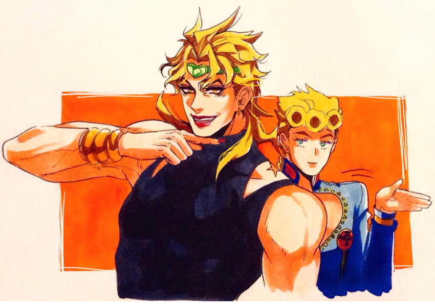 2boys blonde_hair blue_eyes braid bug dio_brando fangs father_and_son giorno_giovanna headband heart_headband insect jojo_no_kimyou_na_bouken ladybug lipstick makeup male_focus multiple_boys nail_polish painting_(medium) pointing stardust_crusaders tariah_furlow traditional_media vampire vento_aureo watercolor_(medium)