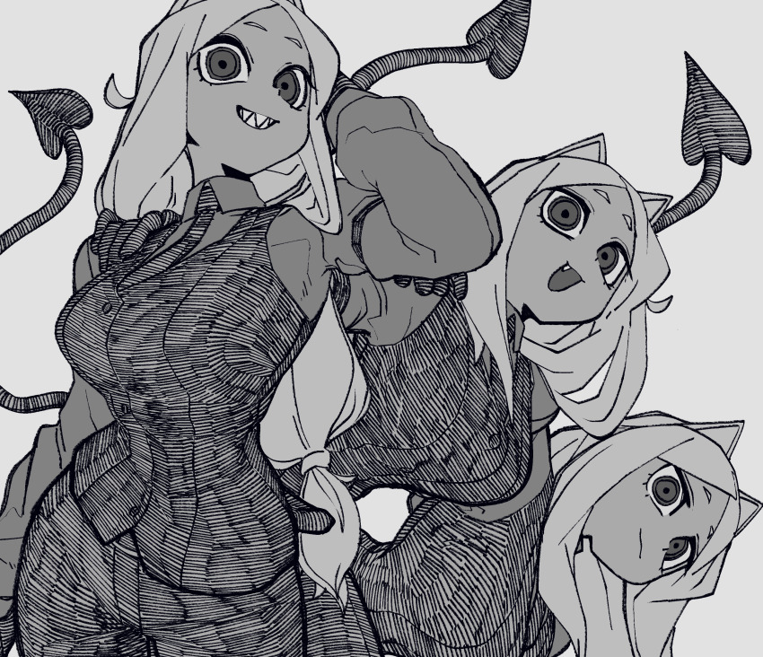 3girls absurdres bone_nigi boots cerberus_(helltaker) demon_girl formal_clothes greyscale helltaker highres long_hair monochrome multiple_girls pants suit tail triplets white_hair
