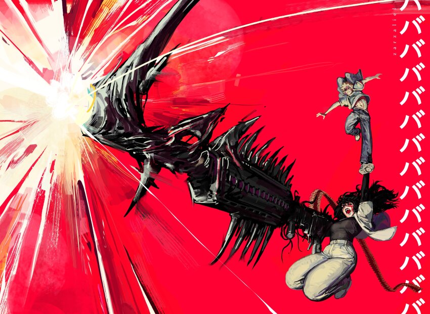 1boy 1girl absurdres ammunition_belt black_shirt blonde_hair blue_pants chainsaw_man denim denji_(chainsaw_man) facial_scar grey_pants grey_shirt gun highres jeans navel open_mouth pants red_background scar scar_on_cheek scar_on_face shirt shirt_tucked_in weapon yoru_(chainsaw_man) zarzaliel