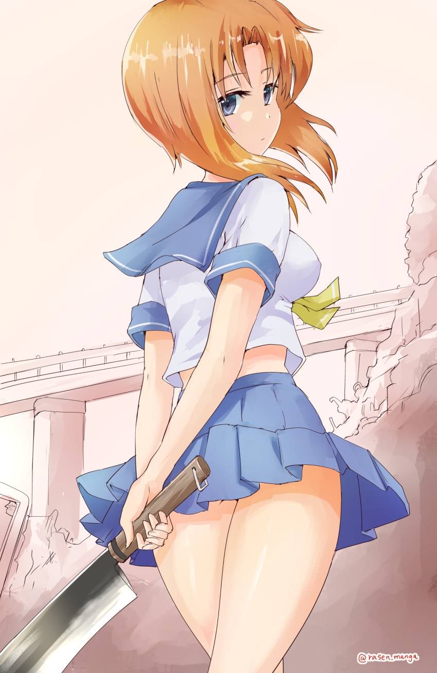 1girl absurdres blue_eyes blue_sailor_collar blue_skirt breasts brown_hair closed_mouth collared_shirt cowboy_shot floating_hair from_behind hair_intakes hatchet highres higurashi_no_naku_koro_ni holding holding_weapon looking_at_viewer looking_back medium_breasts medium_hair midriff miniskirt nata_(tool) neckerchief pleated_skirt rasen_manga ryuuguu_rena sailor_collar sailor_shirt school_uniform serafuku shirt short_sleeves skirt solo twitter_username weapon white_shirt yellow_neckerchief
