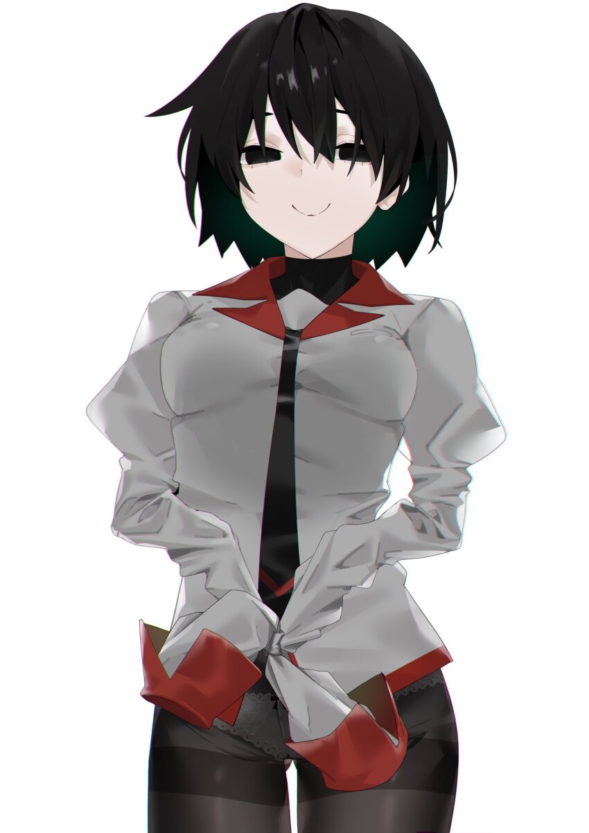 1girl arril100 black_eyes black_hair black_necktie black_pantyhose black_undershirt bob_cut breasts c: closed_mouth commentary empty_eyes gluteal_fold grey_shirt hair_between_eyes highres juliet_sleeves lace lace-trimmed_panties lace_trim long_sleeves medium_breasts monogatari_(series) naoetsu_high_school_uniform narrowed_eyes necktie no_pants oshino_ougi own_hands_together pale_skin panties panties_under_pantyhose pantyhose partially_colored puffy_sleeves red_trim school_uniform shirt short_hair simple_background sleeves_past_fingers sleeves_past_wrists sleeves_tied_together smile solo standing thigh_gap turtleneck underwear v_arms very_long_sleeves white_background white_panties