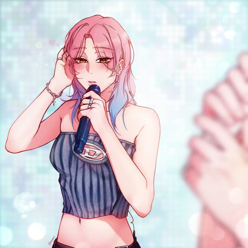 2girls alien_stage alternate_costume bare_shoulders besitosmp4 blue_hair blue_shirt blush bracelet commentary cross_bracelet english_commentary gradient_hair heart highres holding holding_microphone jewelry long_hair looking_at_another microphone mizi_(alien_stage) multicolored_hair multiple_girls navel parted_lips pink_hair pinky_ring ring shirt signature stomach strapless strapless_shirt striped_clothes striped_shirt sua_(alien_stage) two-tone_hair vertical-striped_clothes vertical-striped_shirt yellow_eyes