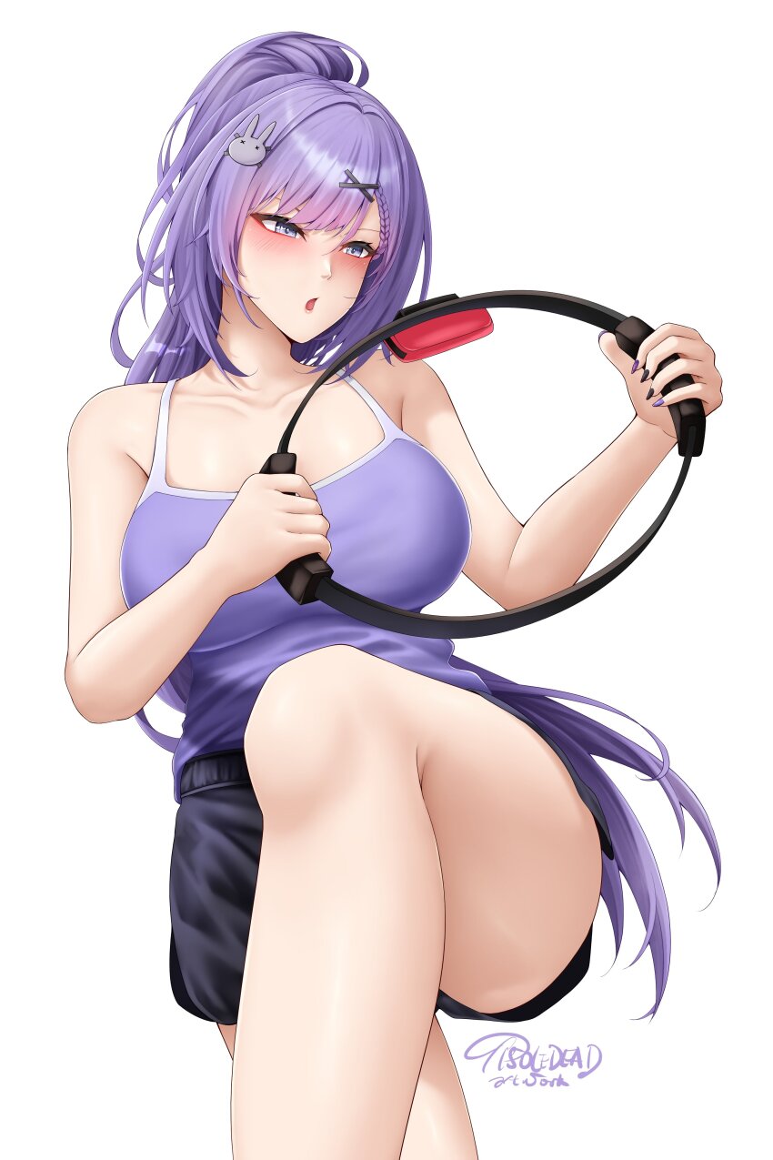 1girl absurdres armpit_crease bare_shoulders breasts elaine_celestia hair_ornament highres large_breasts long_hair ponytail purple_hair re:memories ring_fit_adventure shorts sleeveless tank_top thighs tisole_dead virtual_youtuber