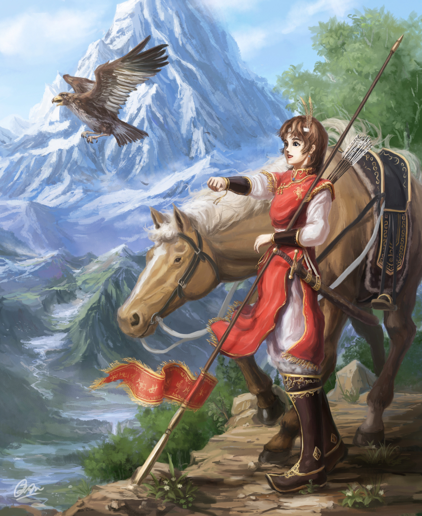 1girl absurdres arrow_(projectile) bird blue_eyes bridle brown_hair earrings falcon fantasy filigree highres horse jewelry makkou_4 mountain open_mouth original outstretched_arm polearm saddle scabbard sheath spear sword weapon