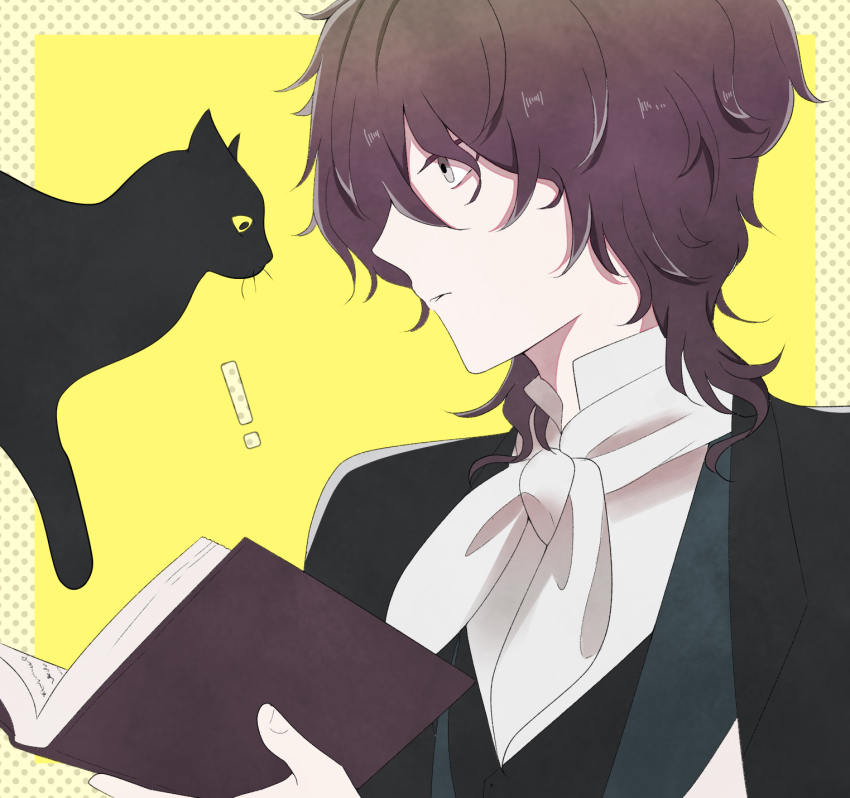 ! 1boy animal black_cat book border brown_hair bungou_stray_dogs cat collared_shirt edgar_allan_poe_(bungou_stray_dogs) grey_eyes highres holding holding_book jacket kkknave0x0 looking_at_animal male_focus medium_hair neckerchief open_book outside_border polka_dot_border profile shirt simple_background solo upper_body vest yellow_background