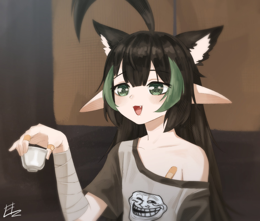 1girl ahoge animal_ears bandaged_arm bandages bandaid bandaid_on_chest bandaid_on_finger black_hair cat_ears choko_(cup) cup elf elfinpsyop elzielai extra_ears fang green_eyes green_hair grey_shirt highres holding holding_cup huge_ahoge indie_virtual_youtuber long_hair multicolored_hair open_mouth pointy_ears shirt solo streaked_hair troll_face virtual_youtuber