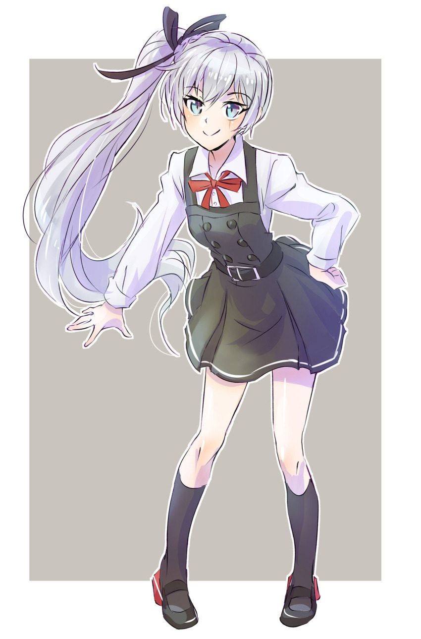 1girl alternate_eye_color blue_eyes cosplay female_focus hair_ribbon hand_on_own_hip highres iesupa kantai_collection kasumi_(kancolle) kasumi_(kancolle)_(cosplay) kneehighs long_hair mary_janes ponytail ribbon rwby scar scar_across_eye scar_on_face shoes side_ponytail socks solo weiss_schnee white_hair