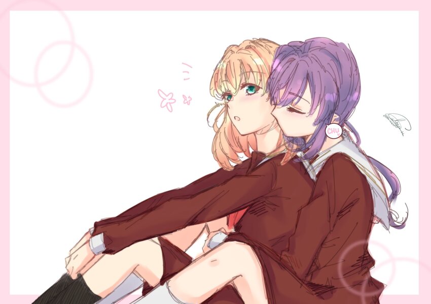 2girls :o aqua_eyes black_socks border brown_dress cerise_bouquet commentary_request dress flower_symbol hair_ornament hasu_no_sora_school_uniform highres hinoshita_kaho kiss kissing_neck link!_like!_love_live! lone_nape_hair long_hair long_sleeves love_live! medium_hair multiple_girls neckerchief open_mouth orange_hair otomune_kozue outside_border pink_border profile purple_hair rabbit_hair_ornament ranmaro red_neckerchief sailor_collar sailor_dress school_uniform side_ponytail sidelocks signature simple_background sitting sitting_between_lap socks speech_bubble two_side_up virtual_youtuber white_background white_sailor_collar white_socks winter_uniform yuri