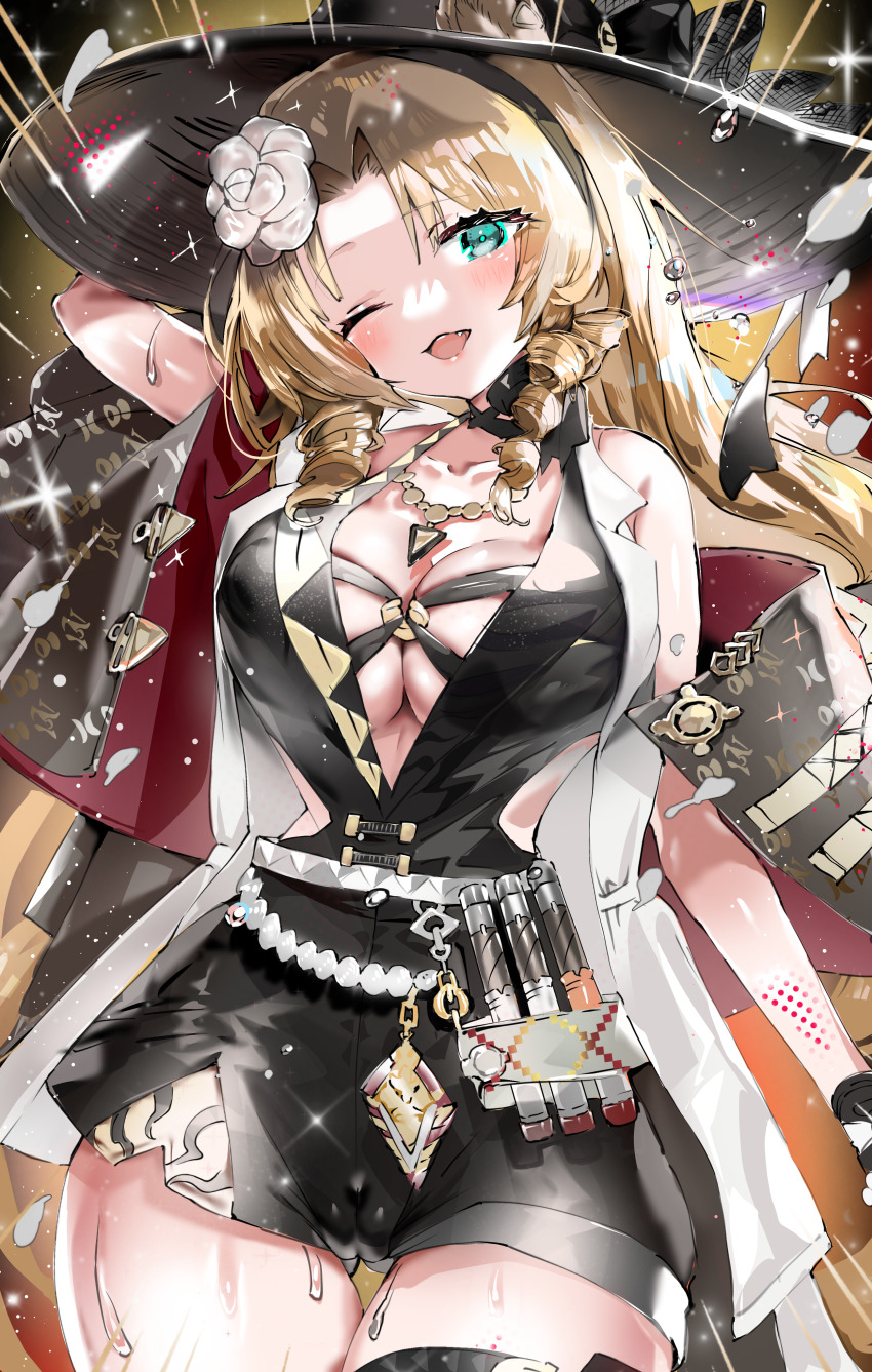 1girl absurdres animal_ears arknights black_hat blonde_hair breasts cameltoe center_opening cleavage collarbone drill_hair drill_sidelocks ears_through_headwear green_eyes hat highres large_breasts long_hair looking_at_viewer official_alternate_costume one_eye_closed open_mouth sidelocks smile solo swire_(arknights) swire_the_elegant_wit_(arknights) tekona0 tiger_ears tiger_girl