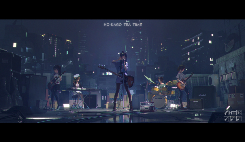 3d 5girls air_conditioner akiyama_mio amplifier arm_up arrow_(symbol) band_(music) black_bra black_footwear black_hair black_legwear black_pants black_skirt blonde_hair blue_shirt boots bow box bra bra_strap breasts brown_footwear cardboard_box dress drum drum_set electric_guitar english_text female_focus fen_bang_laoda fence full_body grey_shirt group_name guitar hair_bobbles hair_bow hair_ornament hairclip hand_up hat headband heel_up high_heels highres hirasawa_yui ho-kago_tea_time holding holding_instrument instrument k-on! keyboard_(instrument) knees_together_feet_apart korg korg_triton kotobuki_tsumugi letterboxed long_hair looking_at_viewer looking_down marshall microphone microphone_stand miniskirt multiple_girls music nakano_azusa night night_sky off-shoulder_shirt off_shoulder outdoors oversized_clothes oversized_shirt pants pantyhose peaked_cap playing_instrument pleated_skirt polka_dot polka_dot_shirt roland_(company) rooftop satellite_dish shiny_clothes shirt shoes short_hair short_sleeves side_ponytail sidelocks sideways_hat singing sitting skirt sky small_breasts speaker standing striped_clothes striped_dress tainaka_ritsu tape_recorder torn_clothes torn_pants underwear watermark white_dress white_footwear white_headband white_headwear window yamaha