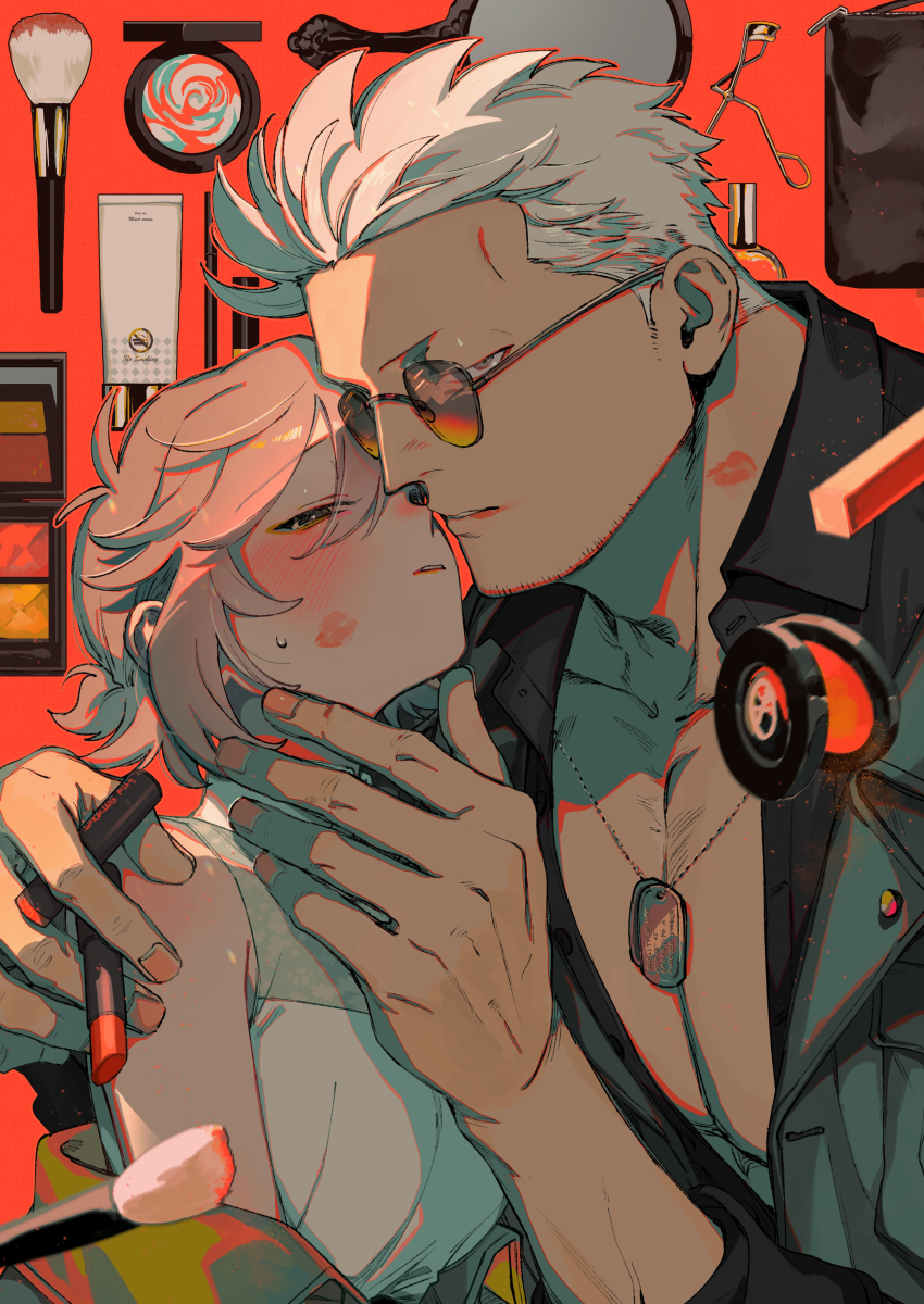 1boy 1girl absurdres antenna_hair beard_stubble black_bag black_shirt blush collarbone commentary_request cosmetics couple dog_tags facial_hair grey-framed_eyewear grey_hair grey_jacket hair_between_eyes half-closed_eyes hand_mirror hand_on_another&#039;s_chin hetero highres holding holding_lipstick_tube jacket jacket_partially_removed kabane_(rjev8385) lipstick lipstick_mark lipstick_mark_on_cheek lipstick_mark_on_neck lipstick_tube looking_at_viewer lotion_bottle makeup makeup_brush makeup_palette mascara_wand mirror oc_x_canon one_piece open_clothes open_jacket open_shirt original parted_lips ponytail red_background shirt short_hair short_ponytail sleeveless sleeveless_shirt smeared_lipstick smoker_(one_piece) stubble sunglasses tinted_eyewear tweezers white_hair white_shirt