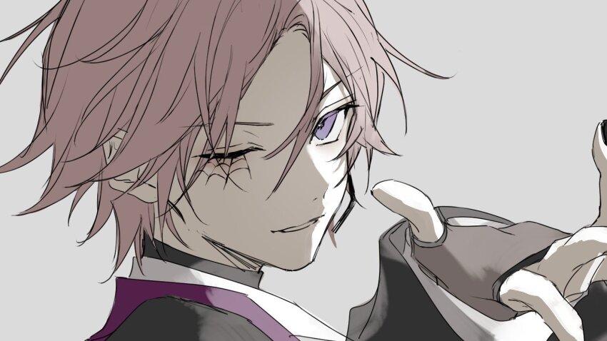 1boy black_gloves close-up ensemble_stars! fingerless_gloves from_side gloves grey_background hand_up light_smile looking_at_viewer male_focus nozz177 one_eye_closed oukawa_kohaku parted_bangs parted_lips pink_hair purple_eyes short_hair sidelighting simple_background solo spider_web_tattoo tattoo