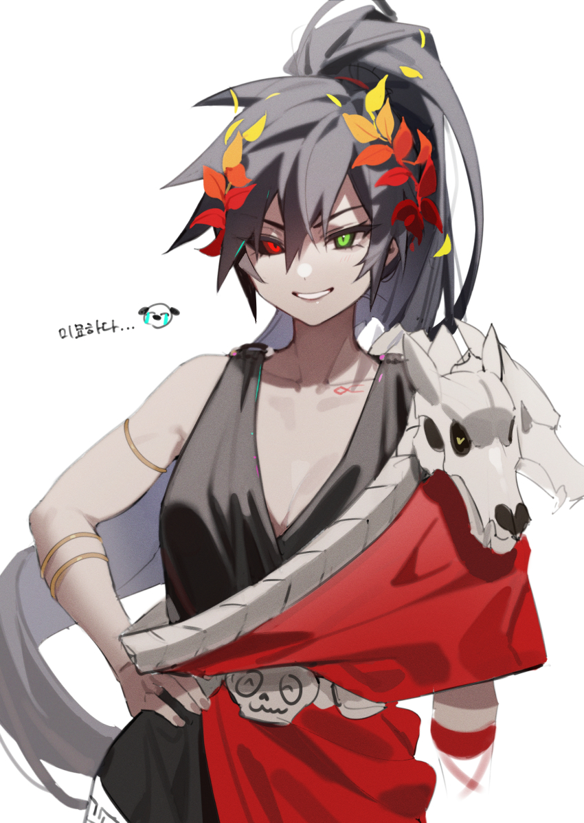 1girl ancient_greek_clothes animal_skull arm_at_side bad_id bad_pixiv_id bechu belt black_dress black_hair black_sclera bracelet breasts cleavage collarbone colored_sclera dress genderswap genderswap_(mtf) gold_bracelet greco-roman_clothes green_eyes hades_(series) hades_1 hair_between_eyes hand_on_own_hip heterochromia highres korean_text laurel_crown long_hair looking_at_viewer medium_breasts mismatched_sclera off_shoulder pale_skin peplos ponytail red_eyes sidelocks simple_background skull skull_belt smile very_long_hair white_background zagreus_(hades)
