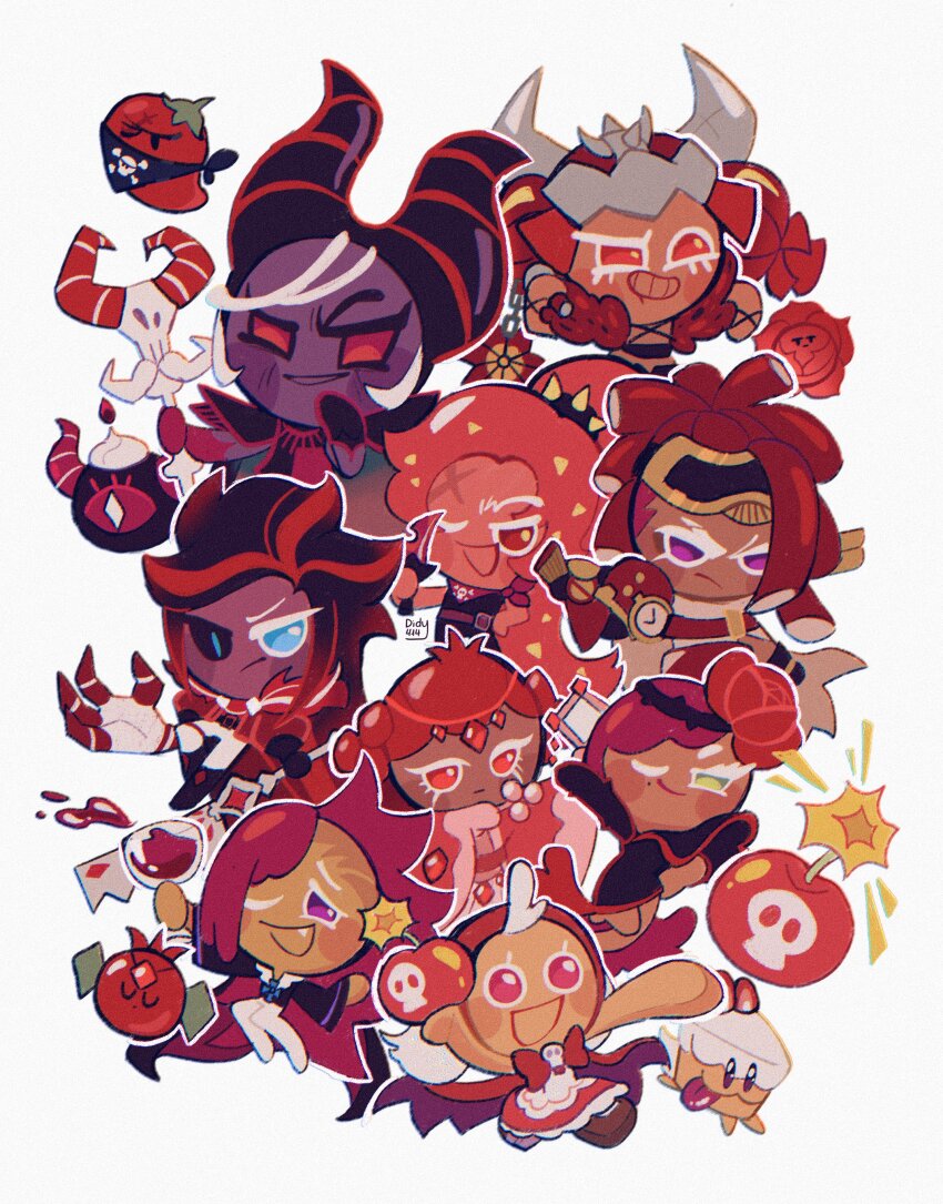 3boys 6+girls ;) ;d absurdly_long_hair absurdres alcohol artist_name asymmetrical_bangs asymmetrical_gloves asymmetrical_hair bad_pepper bandana bandana_around_neck black_dress black_gloves black_horns black_sclera black_shirt bomb bow bowtie cake_hound cape carmine_rose cherry_cookie chili_pepper_cookie chromatic_aberration colored_sclera colored_skin commentary cookie_run cookie_run:_kingdom cookie_run:_ovenbreak cream_cake_hound cup dark-skinned_female dark_enchantress_cookie dark_skin demon_girl demon_horns didy414 double_bun dreadlocks dress drinking_glass english_commentary eternal_eye_of_darkness explosive fang film_grain flower food-themed_creature frown full_body gloves green_eyes grin hair_bun hair_flower hair_ornament hand_on_own_hip high_ponytail highres holding holding_bomb holding_cup holding_flail holding_staff horns jacket japanese_clothes kimono long_hair looking_at_viewer mala_sauce_cookie mismatched_gloves mismatched_sclera mole mole_under_eye multiple_boys multiple_girls one_eye_closed open_clothes open_jacket open_mouth pants pink_eyes pomegranate_cookie ponytail purple_eyes red_bandana red_bow red_bowtie red_cape red_dress red_eyes red_flower red_gloves red_hair red_jacket red_kimono red_rose red_skin red_velvet_cookie red_wine rose rose_cookie ruby_pomegrante shirt sidecut simple_background smile staff string_gummy_cookie undercut uneven_eyes vampire_cookie very_long_hair white_hair white_pants white_shirt wide_sleeves wine wine_glass