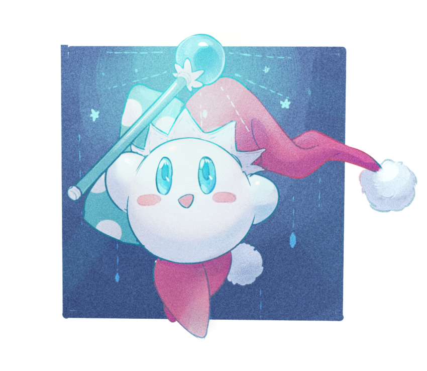 aqua_hat blue_background blue_eyes blush_stickers border colored_skin glowing hat highres holding holding_wand jester_cap kirby kirby_(series) looking_at_object mirror_kirby nintendo no_humans notice_lines open_mouth outside_border polka_dot_headwear pom_pom_hat_ornament red_hat red_shoes shoes simple_background smile solo somayumi star_(symbol) two-tone_headwear wand white_border white_skin