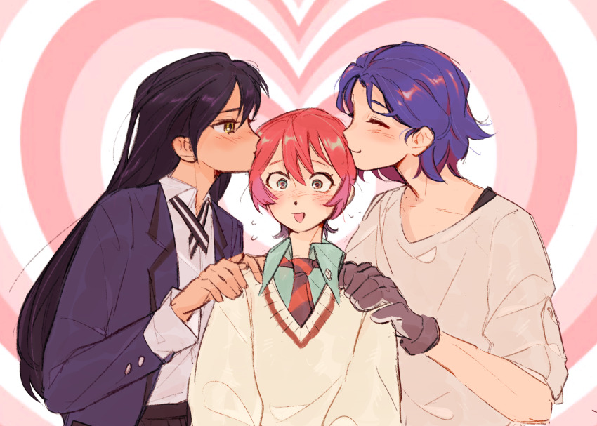 1boy 2girls amate_yuzuriha aqua_shirt black_hair blue_hair blue_jacket blush commentary couple diagonal-striped_clothes diagonal-striped_necktie embarrassed gloves grey_gloves gundam gundam_gquuuuuux heart highres jacket kiss long_hair multiple_girls necktie nyaan_(gundam_gquuuuuux) polyamory red_hair shirt short_hair shuji_ito striped_clothes sweater symbol-only_commentary tanukimo_imo white_shirt white_sweater