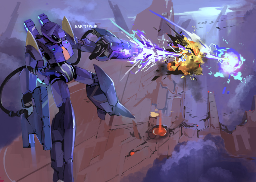 alien beam_rifle cable commentary concept_art debris destruction energy energy_beam energy_blast energy_cannon energy_gun english_commentary explosion firstw1 highres light machinery mecha mecha_focus no_humans original realistic robot science_fiction sketch smoke weapon