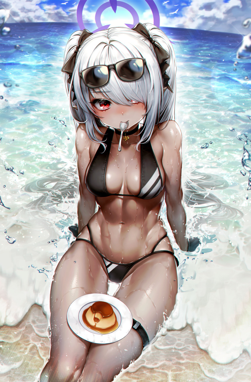 1girl absurdres bare_shoulders bikini black-framed_eyewear black_bikini black_bow black_choker black_gloves blue_archive bow breasts choker cleavage collarbone dark-skinned_female dark_skin day eyewear_on_head food gloves hair_bow hair_over_one_eye halo highres iori_(blue_archive) iori_(swimsuit)_(blue_archive) long_hair looking_at_viewer medium_breasts mouth_hold multi-strapped_bikini_bottom navel ocean outdoors plate pudding red_eyes silver_hair sitting solo stomach swimsuit thigh_gap thigh_strap twintails utensil_in_mouth vana very_long_hair water