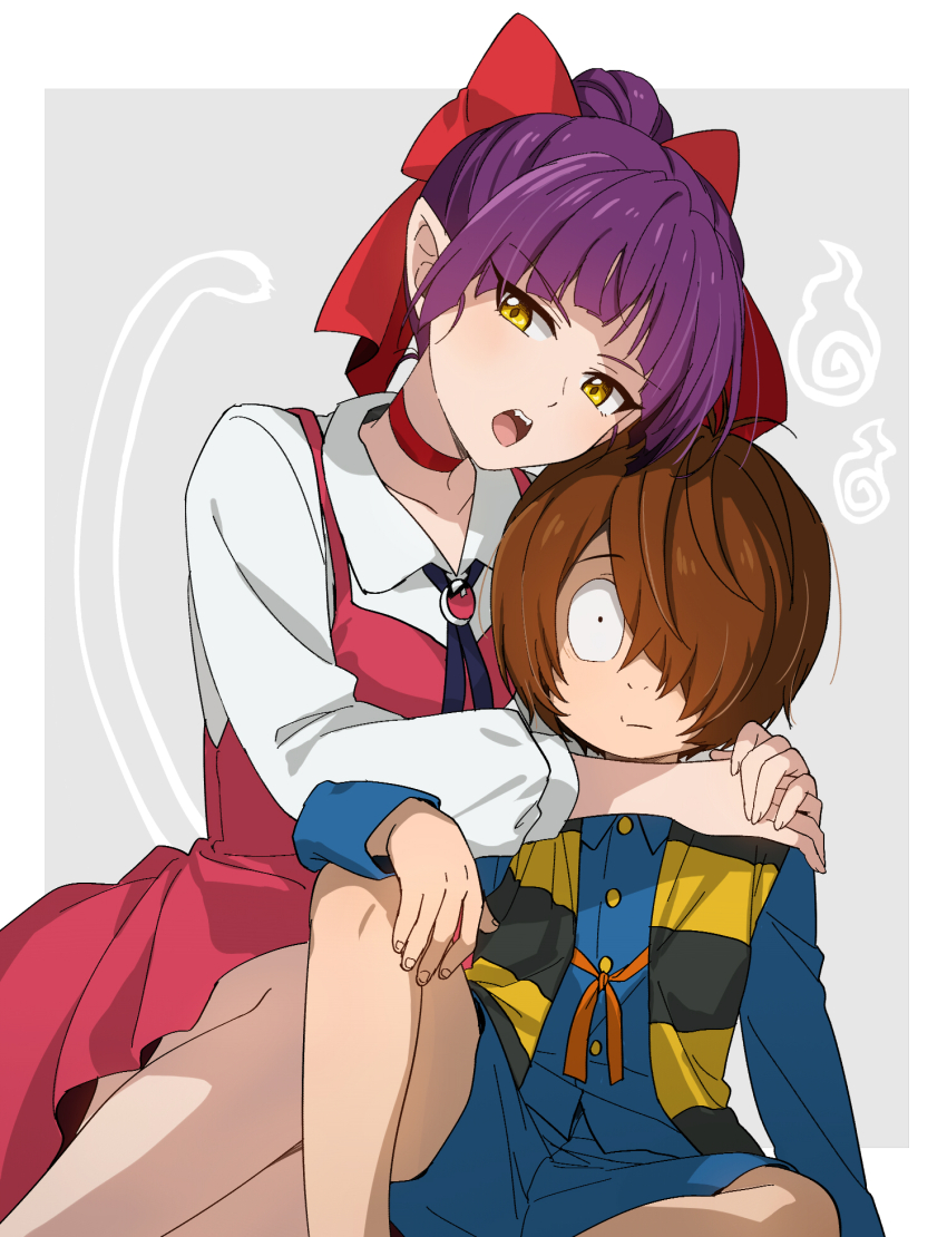 1boy 1girl black_ribbon blue_shirt blue_shorts bob_cut border bow brown_hair cat_tail choker closed_mouth collarbone couple dress dress_shirt gegege_no_kitarou gem grey_background hair_bow hair_over_one_eye hetero highres hug kitarou long_sleeves looking_at_viewer neck_ribbon nekomusume nekomusume_(gegege_no_kitarou_6) open_mouth pinafore_dress purple_hair red_bow red_choker red_dress red_gemstone ribbon shirt short_dress short_hair short_shorts shorts silanduqiaocui sleeveless sleeveless_dress tail white_border white_shirt yellow_eyes
