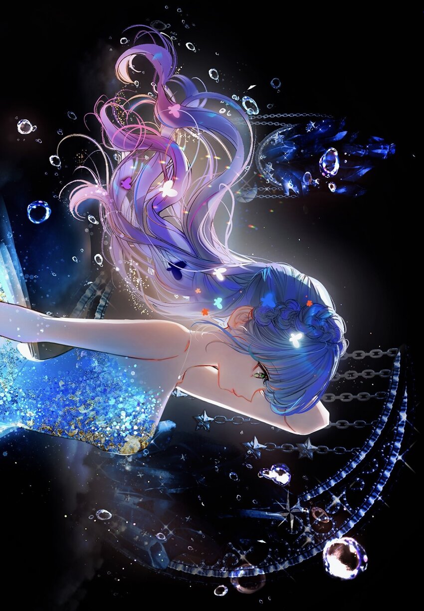 1girl arm_up black_background blue_dress blunt_bangs braid bug butterfly chain closed_mouth commentary_request death_mogi dress floating_hair highres insect jewelry korean_commentary long_hair looking_ahead necklace off-shoulder_dress off_shoulder original profile solo upper_body water_drop