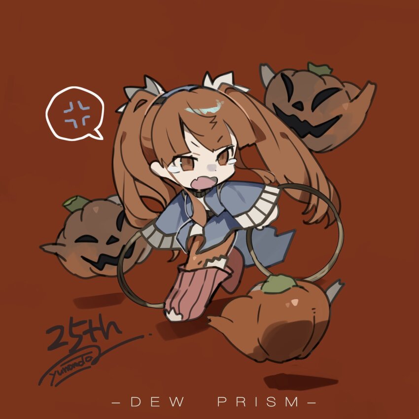 1girl anger_vein black_undershirt boots chakram copyright_name crying dewprism fang highres hoop jack-o&#039;-lantern knee_boots long_hair mint_(dewprism) orange_pantyhose pantyhose pumpkin red_background red_eyes solo twintails weapon yunomoto