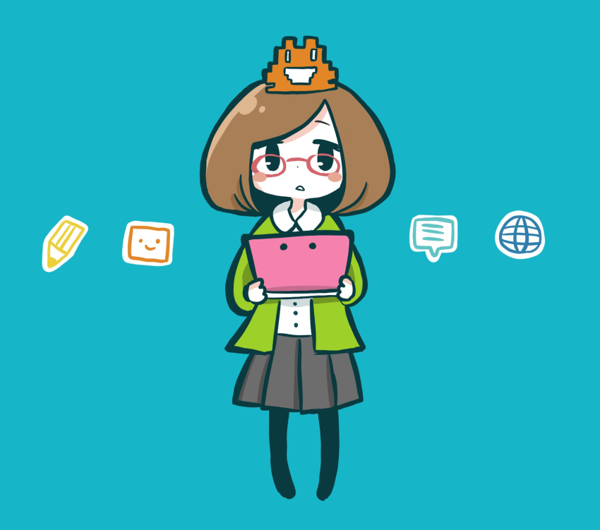1girl black_eyes blue_background brown_hair cardigan dot_nose full_body glasses green_cardigan grey_skirt handheld_game_console highres holding holding_handheld_game_console looking_at_viewer medium_hair nerutti nikki_(swapnote) nintendo nintendo_3ds pleated_skirt red-framed_eyewear skirt solo swapnote