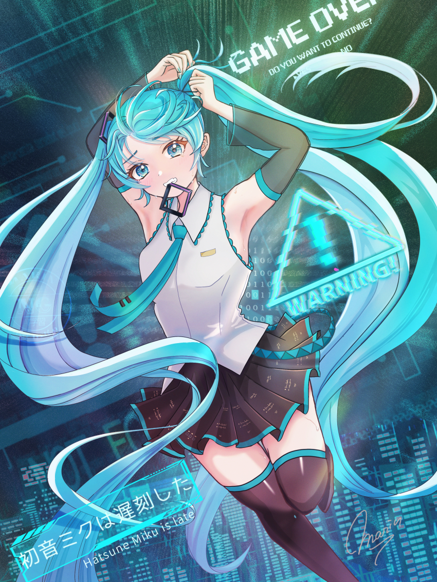 1girl absurdres aqua_eyes aqua_hair armpits arms_up ascot black_skirt black_thighhighs blue_ascot breasts clenched_teeth detached_sleeves english_text game_over hair_ornament hair_tie_in_mouth hatsune_miku highres long_hair long_sleeves looking_at_another maarin_(59567861) medium_breasts miniskirt mouth_hold parted_lips pixel_text shirt signature skirt solo sweat teeth thighhighs twintails tying_hair vocaloid zettai_ryouiki