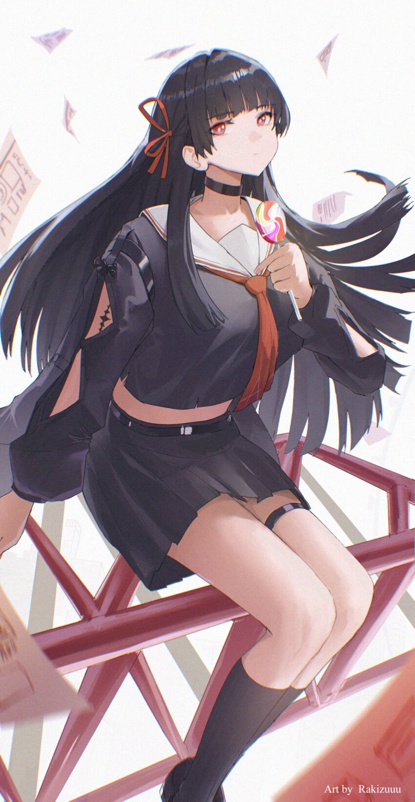 1girl absurdres arm_cutout artist_name black_choker black_hair black_serafuku black_shirt black_skirt breasts candy chisa_(wuthering_waves) choker closed_mouth clothing_cutout commentary food hair_ribbon highres holding holding_candy holding_food holding_lollipop lollipop long_hair long_sleeves looking_at_viewer medium_breasts neckerchief rakizuuu red_eyes red_neckerchief red_ribbon ribbon sailor_collar school_uniform serafuku shirt sitting skirt solo thigh_strap thighs very_long_hair white_sailor_collar wind wuthering_waves