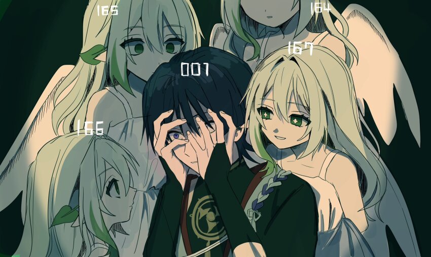1boy 4girls alternate_costume alternate_hairstyle angel_wings arm_behind_back asymmetrical_sidelocks black_bodysuit black_bridal_gauntlets black_hair black_kimono blunt_ends bodysuit bridal_gauntlets bright_pupils clone closed_mouth collarbone colored_tips covering_face cross-shaped_pupils dress empty_eyes eyelashes eyeliner eyeshadow fingernails genshin_impact gold green_background green_eyes green_hair hair_between_eyes hair_down hair_ornament highres horror_(theme) japanese_clothes jewelry juban kimono leaf leaf_hair_ornament long_hair makeup mitsudomoe_(shape) multicolored_hair multiple_girls nahida_(genshin_impact) neck_ring no6_gnsn numbered open_clothes open_kimono open_mouth partially_shaded_face pointy_ears purple_eyes purple_rope red_eyeliner red_eyeshadow red_kimono rope scaramouche_(genshin_impact) shimenawa shoulder_peek smile symbol-shaped_pupils tareme tomoe_(symbol) white_dress white_hair white_kimono white_mouth white_pupils white_rope white_wings wide-eyed wings wispy_bangs