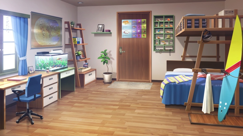 apartment aquarium bed bedroom book chair curtains day desk doormat drawer fish highres indoors kelp map_(object) no_humans non-web_source notebook official_art our_life:_beginnings_and_always photo_(object) plant poster_(object) potted_plant scenery seashell shelf shell surfboard towel window wooden_door wooden_floor