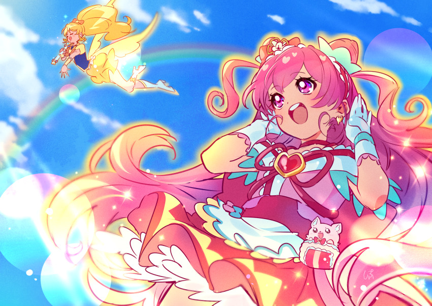 2girls absurdres angel_wings apron black_vest blonde_hair blue_sky boots bow bowtie braid brooch bubble_skirt cat center_frills choker closed_eyes cloud collared_vest cone_hair_bun cowboy_shot cure_honey cure_precious day delicious_party_precure dot_nose double_bun dress earrings eyelashes feather-trimmed_sleeves floating_clothes floating_hair flower flying food-themed_clothes food-themed_hair_ornament footwear_bow fork frilled_arm_warmers frilled_hairband frilled_skirt frilled_vest frills full_body gloves gold_earrings hair_between_eyes hair_bow hair_bun hair_flower hair_ornament hairband happinesscharge_precure! happy heart heart_brooch heart_wand high_heel_boots high_heels highres holding holding_wand in-franchise_crossover jewelry knee_boots kome-kome lace lace-trimmed_apron lace-trimmed_dress lace-trimmed_gloves lace_trim lapels lens_flare light_blush light_particles light_rays long_hair looking_at_another low_wings magical_girl miniskirt multiple_girls nagomi_yui notched_lapels oomori_yuuko open_mouth orange_bow orange_bowtie outdoors outline pink_bag pink_eyes pink_hair pink_shirt pleated_skirt ponytail precure puffy_short_sleeves puffy_sleeves rainbow red_bow red_brooch red_choker red_ribbon red_skirt ribbon shipu_(gassyumaron) shirt short_sleeves signature single_braid skirt sky smile sunlight tareme teeth two-tone_skirt two_side_up undersized_animal upper_teeth_only very_long_hair vest waist_apron waist_bag wallet wand watch wavy_hair white_apron white_boots white_flower white_gloves white_sleeves wind wings wristwatch yellow_arm_warmers yellow_bow yellow_outline yellow_skirt yellow_sleeves yellow_wings
