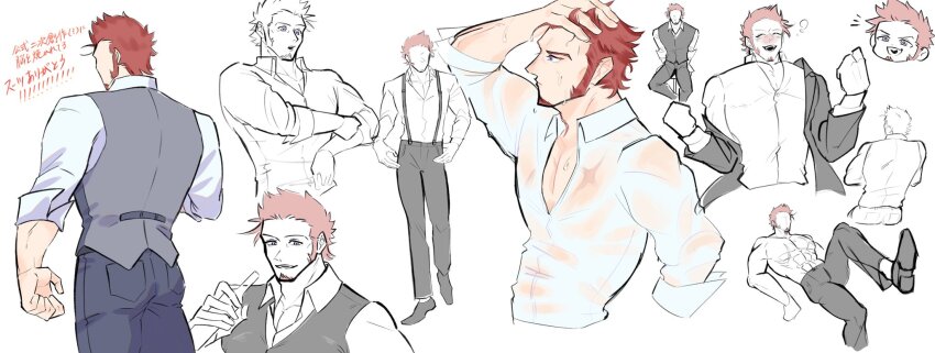 1boy ^_^ bara blue_eyes brown_hair chibi chibi_inset closed_eyes cropped_torso multiple_expressions facial_hair fate/grand_order fate_(series) from_behind go_rock_shit goatee hand_in_own_hair happy highres long_sideburns male_focus mature_male multiple_views muscular muscular_male napoleon_bonaparte_(fate) official_alternate_costume partially_colored pectoral_cleavage pectorals see-through_clothes shirt short_hair sideburns squeans translation_request vest wet wet_clothes wet_hair wet_shirt