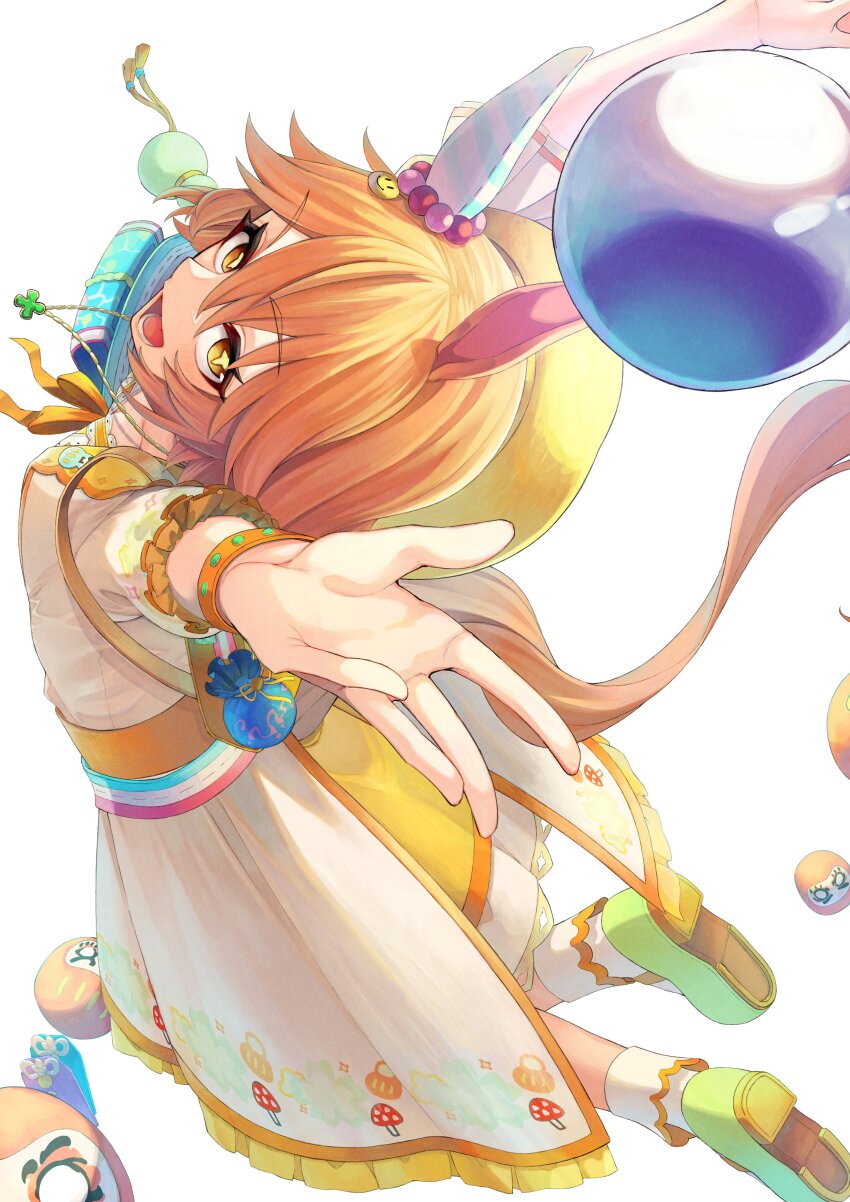 +_+ 1girl :d absurdres animal_ears daruma_doll dress ear_covers flipped_hair four-leaf_clover_necklace from_above hair_between_eyes hat highres horse_ears horse_girl horse_tail iam_(tetsu0ekaki) looking_at_viewer matikanefukukitaru_(good_omen_first_storm)_(umamusume) matikanefukukitaru_(umamusume) official_alternate_costume open_mouth orange_dress orange_hair short_hair simple_background single_ear_cover smile solo tail umamusume white_background yellow_hat