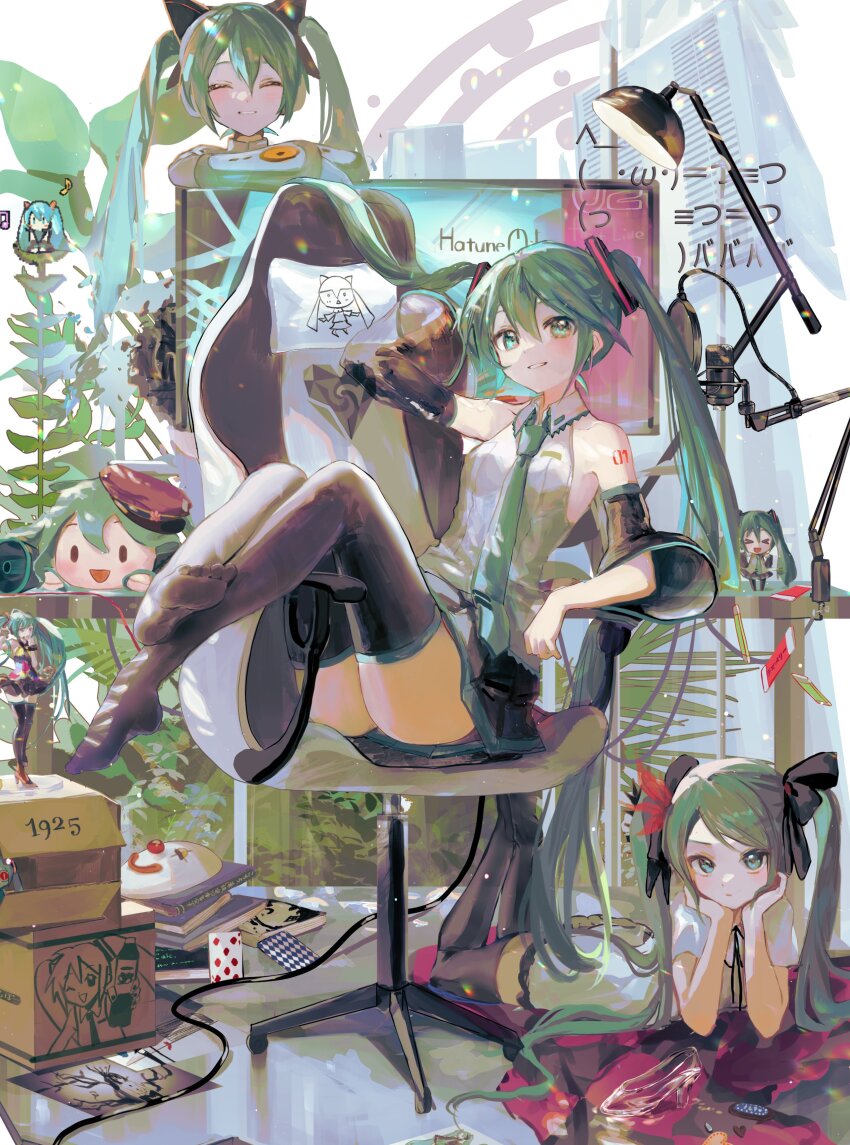 &gt;_&lt; 1925_(vocaloid) 3girls absurdres aimaina animal_ear_headphones animal_ears aqua_eyes aqua_hair aqua_necktie arifureta_sekai_seifuku_(vocaloid) arm_support badbye_(vocaloid) bare_shoulders beamed_eighth_notes black_skirt black_sleeves black_socks black_thighhighs bodysuit box calc._(vocaloid) card cardboard_box cat_ear_headphones cendrillon_(vocaloid) chair character_doll checkered_blanket chibi closed_eyes commentary danmaku_comments detached_sleeves eighth_note fake_animal_ears figure grey_bodysuit grey_shirt grin hat hatsune_miku hatsune_miku_(heartbeat) hatsune_miku_(ichi_no_sakura_oka) hatsune_miku_(supreme) head_rest headphones hello_planet_(vocaloid) highres karakuri_pierrot_(vocaloid) kikinoki kochira_koufuku_anshin_iinkai_desu_(vocaloid) koi_wa_sensou_(vocaloid) lamp leaning_on_object long_hair looking_at_viewer lying megaphone melt_(vocaloid) microphone miku_miku_ni_shite_ageru_(vocaloid) military_hat miniskirt monitor multiple_girls multiple_persona musical_note necktie nendoroid nesoberi no_shoes nyanyanyanyanyanyanya!_(vocaloid) odds_&amp;_ends_(vocaloid) office_chair ojama_mushi_(vocaloid) on_floor on_stomach pink_hat playing_card pleated_skirt pop_filter poppippoo_(vocaloid) project_diva project_diva_(series) project_diva_f raspberry_monster_(vocaloid) senbonzakura_(vocaloid) seven_of_diamonds shirt short_sleeves shoulder_tattoo sitting skirt sleeveless sleeveless_shirt smile socks songover studio_microphone swept_bangs swivel_chair tattoo tell_your_world_(vocaloid) thighhighs twintails unknown_mother_goose_(vocaloid) very_long_hair vocaloid weekender_girl_(vocaloid) white_shirt world_is_mine_(vocaloid)