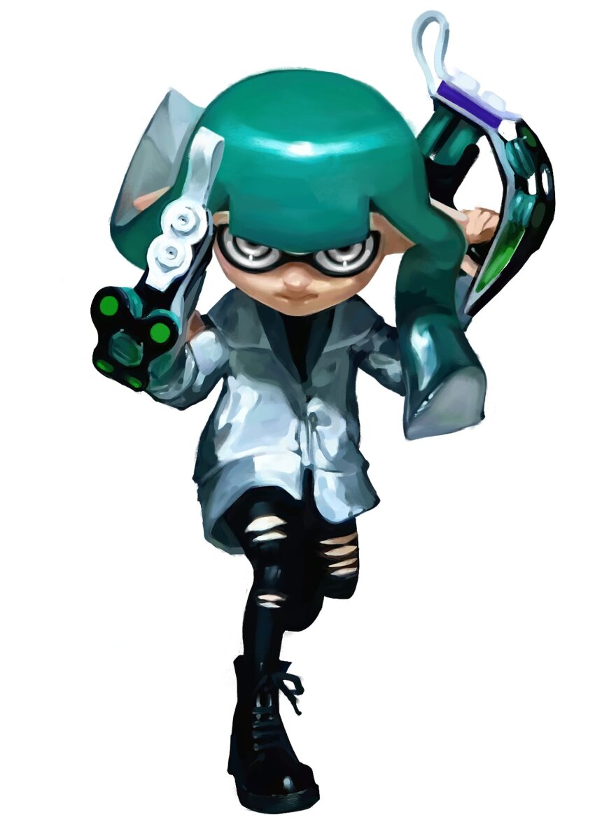1girl 3: aqua_hair black_boots boots closed_mouth floating_hair full_body highres holding inkling inkling_girl inkling_player_character jacket long_hair long_sleeves looking_at_viewer nintendo ouoxz0t881876 pointy_ears simple_background solo splatoon_(series) tentacle_hair tetra_dualies_(splatoon) white_background white_eyes white_jacket