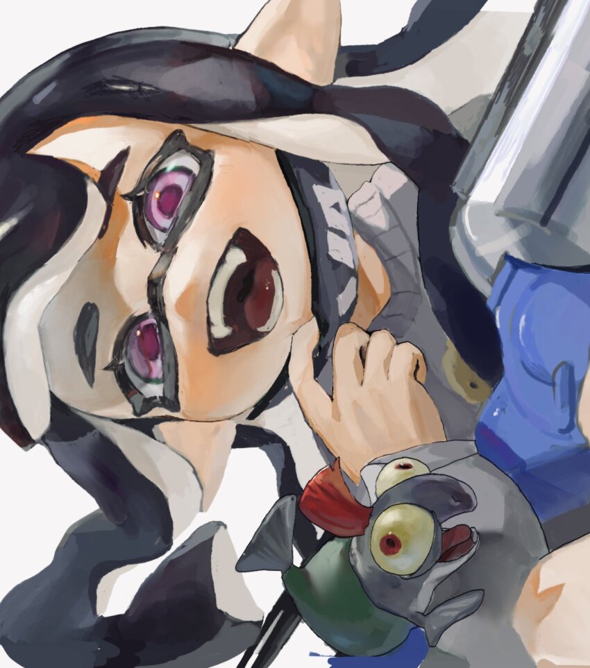 1girl :d adjusting_mask black_hair e-liter_4k_(splatoon) grey_sweater highres inkling inkling_girl inkling_player_character long_hair long_sleeves looking_at_viewer mask mepo_1 mouth_mask nintendo open_mouth pointy_ears salmonid simple_background smallfry_(splatoon) smile splatoon_(series) sweater teeth tentacle_hair white_background